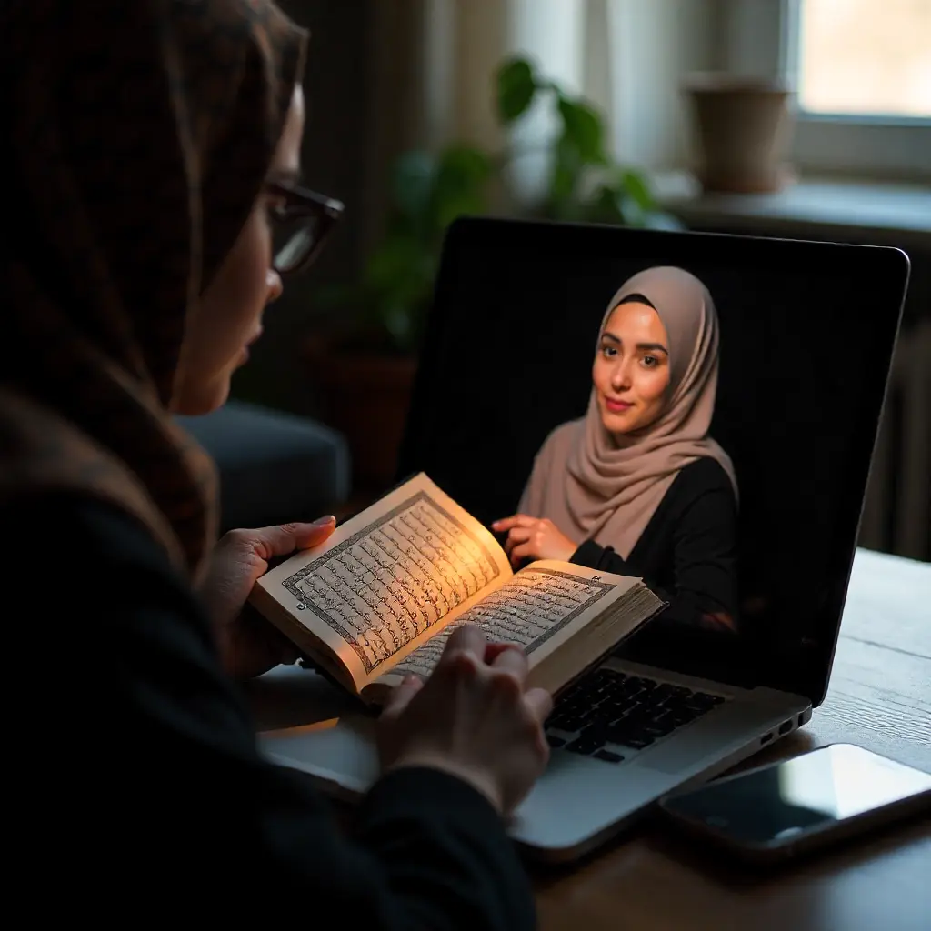 A female is taking online class from a professional female Quran teacher