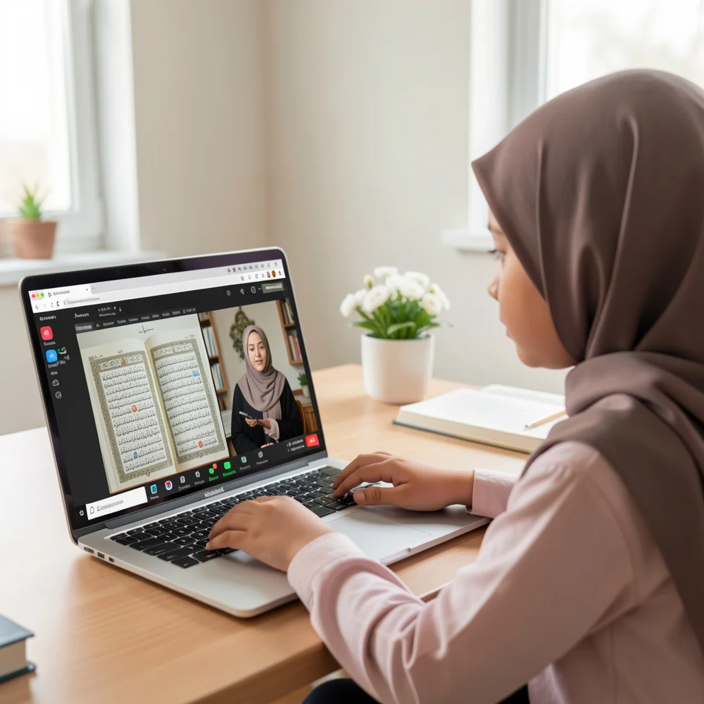 A female student is taking class for Quran ijazah course from female Teacher