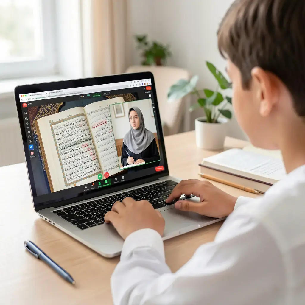 A student is taking Online Quran courses from female Quran Teacher