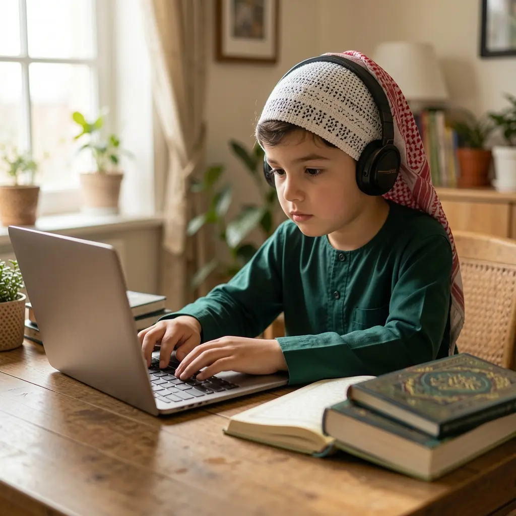 A Muslim boy attending online Sunni Classes