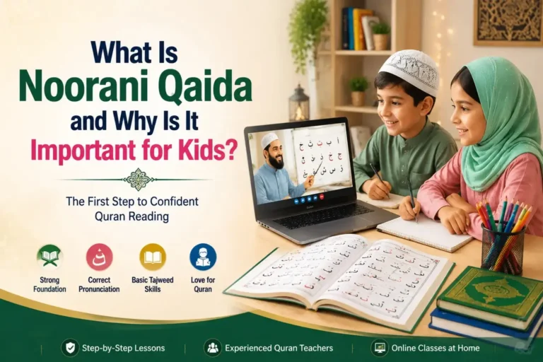 Child learning Noorani Qaida online with a Quran teacher using Arabic alphabet lessons and Tajweed practice.