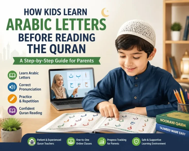 How Kids Learn Arabic Letters Before Reading the Quran with an online Quran teacher teaching Arabic alphabet to a child using Noorani Qaida