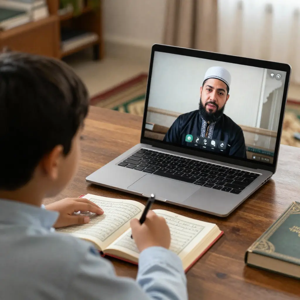 A Muslim child attending live Online Quran Classes in Atlanta with a qualified Quran teacher during a one-to-one Noorani Qaida lesson from home.