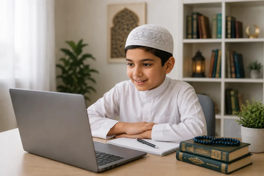 A kid is taking online Quran class in France