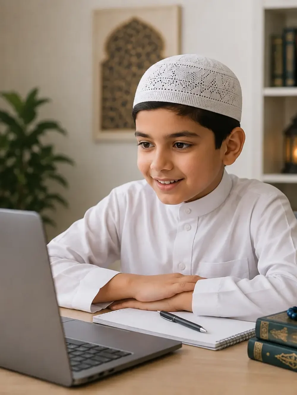 A kid is taking online Quran class in France