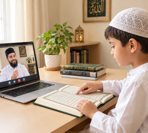 Kid is taking online Quran class from experience Quran teacher.