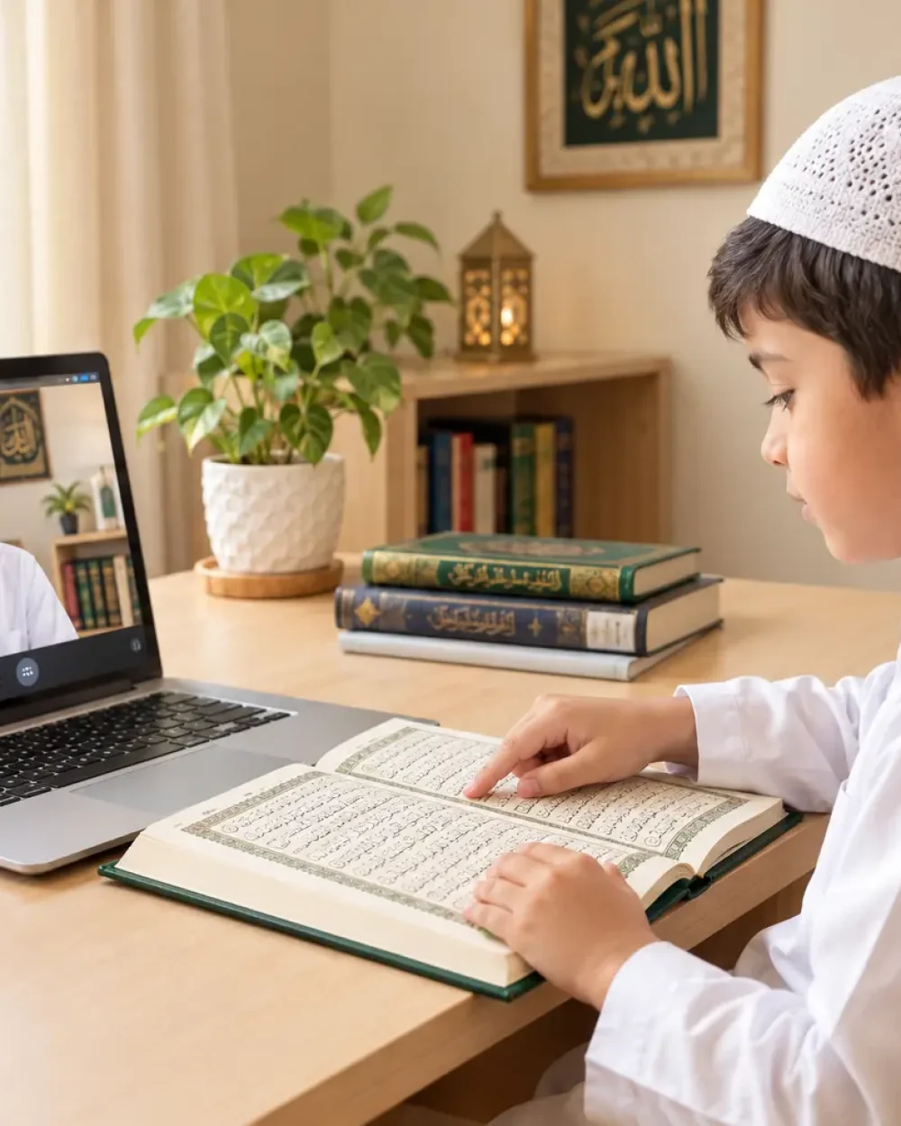 Kid is taking online Quran class from experience Quran teacher.