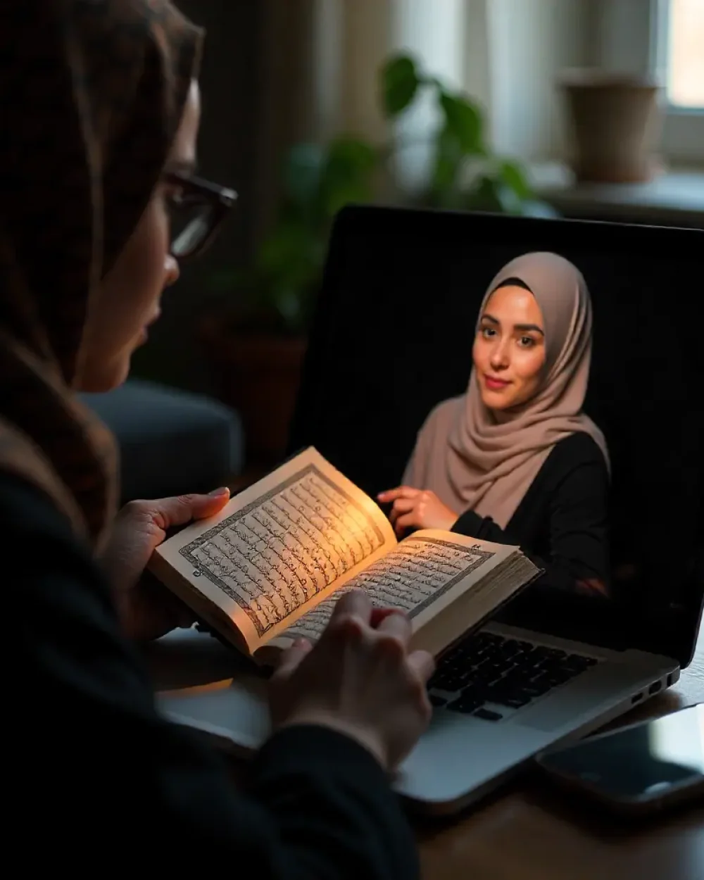 A female is taking online class from a professional female Quran teacher
