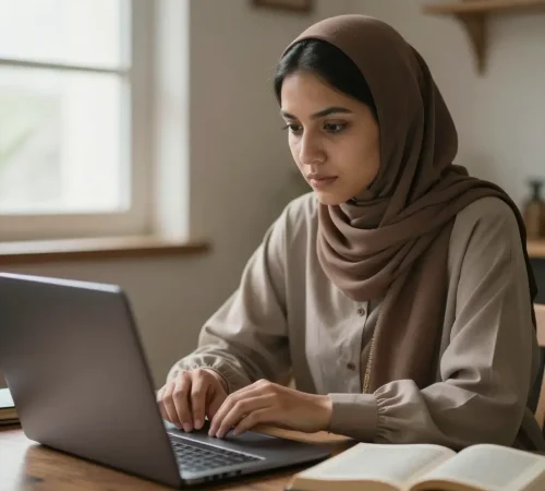 a female teacher is taking class of madina Qaida online course