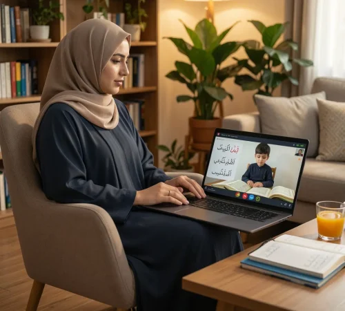 Female teacher teaching Online Quran Education via zoom